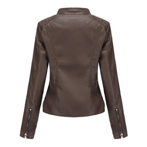 Chaqueta de Motociclista de Cuero PU Marrón para Hombre, Cuello Alto, Cierre de Cremallera, Corte Ajustado, Largo Regular, para Otoño - Product Image 2
