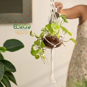 Panier suspendu en coquille de noix de coco naturelle fait main, pot de fleurs décoratif en fibre de coco avec chaîne - Product Image 2
