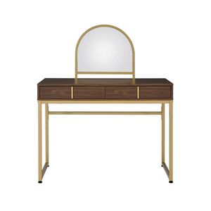 Coleen Walnut and Gold Finish <b>Makeup</b> <b>Vanity</b> Desk with Mirror and Jewelry Tray - Product Image 4
