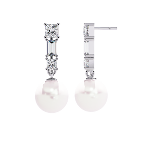 Boucles d'oreilles pendantes en diamant de laboratoire et perle, taille princesse et baguette, certifiées IGI, bijoux de luxe pour mariage et soirée - Product Image 2