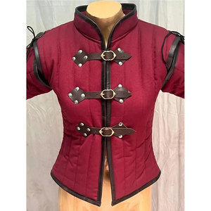 Premium Medieval Wine-Red Quilted Gambeson Jacket Padded Canvas Coat With Leather Buckle Closures For LARP Cosplay - Product Image 3