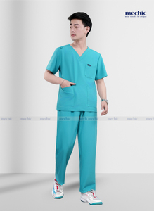 Ensemble de blouses médicales vert menthe pour hommes, col en V, manches courtes, uniforme d'hôpital, pantalon en polyester et rayonne tissé inclus - Product Image 2