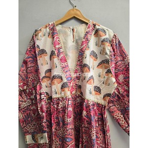 Cotton <b>Mushroom</b> Print Lantern Sleeves Ruffle Hem Loose A-Line Summer Casual <b>Dress</b> Boho V-Neck Midi <b>Dress</b> - Product Image 4
