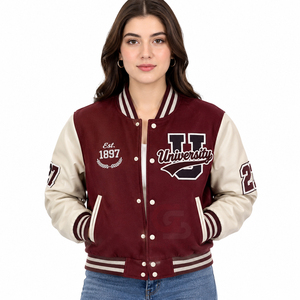 Veste de baseball universitaire personnalisée pour femme, coupe courte, en laine, avec patchs en chenille, style Letterman, manches en cuir véritable - Product Image 6