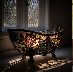 Bañera vintage con patas de gato, con vidrio tintado oscuro y paneles florales brillantes, disponible a precios de mayorista para su hogar. - Product Image 1