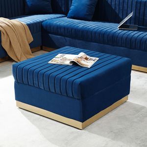 Moderno moderno poggiapiedi imbottito in velluto con ciuffi blu contemporaneo di grandi dimensioni per soggiorno appartamento Design a canale verticale - Product Image 1