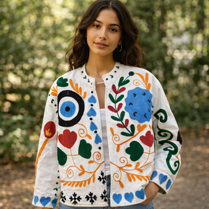 Suzani Embroidered Knitted Velvet Bomber <b>Jacket</b> Handcrafted Floral Boho Statement Wear Full Sleeve Autumn Outerwear - Product Image 1