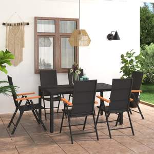 Ensemble de salle à manger 7 pièces en WPC, aluminium et rotin PE noir et marron pour jardin – Mobilier d'extérieur élégant - Product Image 1