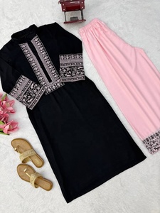 Black Embroidered <b>Kaftan</b> With Pink Pant Loose Fit For Traditional <b>Indian</b> & Pakistani Women's Casual Wear - Product Image 4
