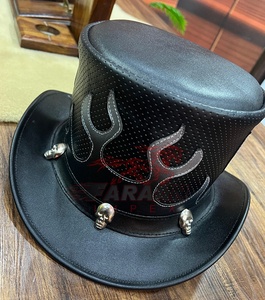 Sombrero de Cuero Negro para Hombre, Estilo Gótico Steampunk, con Calavera y Llamas, Estilo Vaquero Occidental, para Motociclistas, Festivales, Disfraces, Hecho a Mano, Estilo Punk - Product Image 4