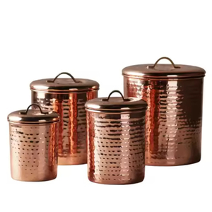 Contenants de rangement cylindriques en cuivre martelé avec couvercles métalliques hermétiques, boîtes de cuisine vintage pour la préservation de la fraîcheur - Product Image 1