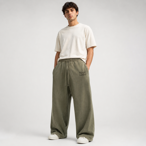 Pantalon de survêtement homme en molleton de coton épais, couleur olive délavée, respirant, coupe ample à jambe large, taille élastique avec cordon de serrage, personnalisable - Product Image 2