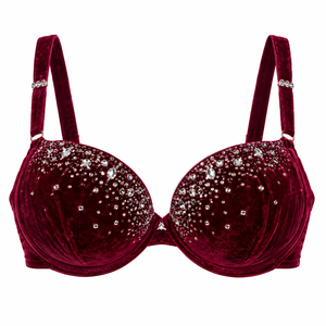 Soutien-gorge sexy en velours et strass, dos en U, rouge foncé, rembourré, à armatures, bretelles réglables, offrant un bon maintien, idéal pour les soirées et la scène - Product Image 1