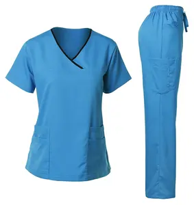 Hot Sale V-neck Hospital Uniforms Medical Nursing Scrubs Uniforms Scrub Set Short Sleeve Tops jogger Pants Uniform For Women