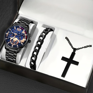 Relojes de pulsera de acero inoxidable para hombre NW1501, estilo ejecutivo, con calendario y collar con colgante de cruz plateada. - Product Image 2