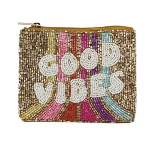 Pochette à monnaie miniature pour femme, faite main, luxueuse, ornée de perles, motif GOOD VIBES, vintage, durable, multicolores. - Product Image 1