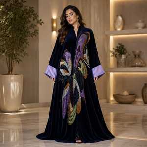 Luxury Elegant Navy Blue Velvet <b>Kaftan</b> Multicolor <b>Sequin</b> Embroidery | Designer Open Front Islamic Abaya Floor Length Long Sleeve - Product Image 1
