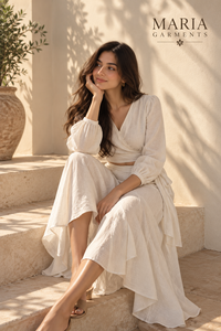 Premium Quality Summer Vacation Skirt Set-Beige Elegant Wrap Crop Top with Modern Casual Ruffled <b>Knee</b> Length Breathable Skirt - Product Image 4