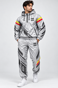 Custom Silver Hooded Sauna Suit <b>Men</b> Printed Sweat Training Tracksuit Half Zip Jacket Pants <b>Thermal</b> Gym Fitness Workout Set - Product Image 5