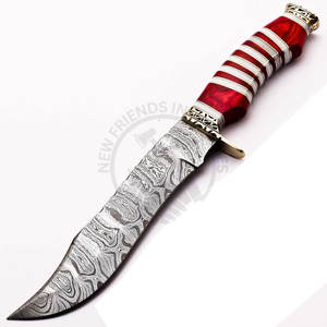 Couteau Bowie en acier Damas forgé à la main, couteau à lame fixe de collection, couteau de chasse et de camping en plein air, manche en bois et en os - Product Image 1