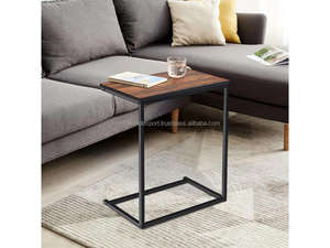 Mesa Auxiliar Industrial en Forma de C con Tapa de Madera de Mango y Estructura de Madera, Mesa de Centro Moderna para Sala de Estar - Product Image 6