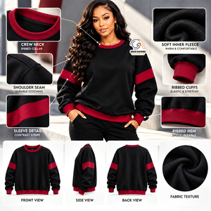Vêtements grecs pour femmes, sweat-shirt noir et rouge uni à col rond, manches longues, logo badge sur la manche gauche, vêtements décontractés d'hiver, 100% coton - Product Image 5