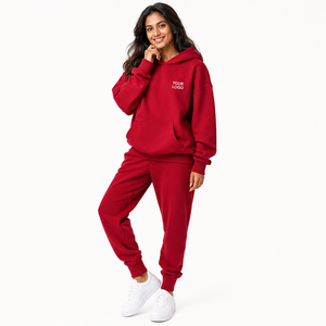 Ensemble de survêtement rouge à capuche pour femmes grandes tailles, manches longues, couleur unie, vêtements décontractés, poches latérales, taille élastique, coton mi-lourd - Product Image 1