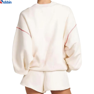 Conjunto Deportivo Personalizado para Mujer, 2 Piezas, Conjunto de Sudadera Tejida, Cuello Redondo, Manga Larga, Color Sólido, Corte Holgado, Estilo Casual, Conjunto Corto Blanco - Product Image 1