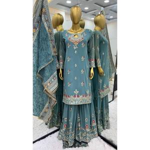 Conjunto de Top, Pantalón Plazzo y Dupatta de Satén para Fiesta con Bordado Intenso - Product Image 6
