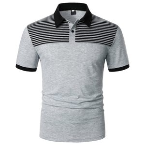Polo à manches courtes en tricot rayé gris pour homme, style décontracté, respirant, design color block, faible MOQ, polos pour homme - Product Image 1