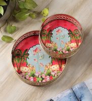 Ensemble de pots en métal jaune à imprimé animalier avec panier en fil métallique, contenants de rangement décoratifs bohèmes, forme ronde, motif végétal, lot de 2