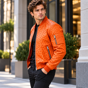 Chaqueta Bomber de Cuero de Avestruz para Hombre, Diseño Premium con Relieve, Cremallera y Bolsillos, Moda Casual y Motociclista - Product Image 3