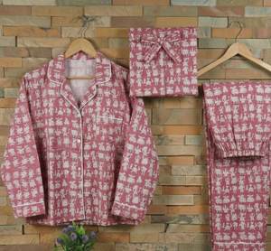 Conjunto de Pijama de Dos Piezas para Mujer, de Algodón Tejido, Estampado a Mano, Térmico, para Verano, con Bordado a Máquina, Fabricante de la India - Product Image 3