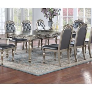 Tavolo da Pranzo Grande per Famiglia in Stile Antico con 2 Prolunghe, Finitura Argento/Grigio, in Legno di Gomma, Arredamento Formale per Sala da Pranzo - Product Image 1