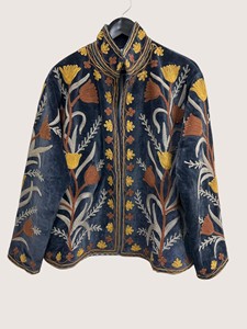 Manteau en velours brodé floral bohème avec col mandarin et manches chauve-souris, grande taille, vêtements d'extérieur pour femmes en hiver - Product Image 1