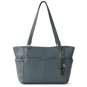 Modern Gray Leather <b>Tote</b> <b>Bag</b> With Front Pocket And Charm Keychain Handles Eco Friendly Woven Design OEM Supplier - Product Image 5