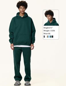 Sudadera con Capucha Oversize de Felpa Verde Sólido para Hombre, Manga Regular, Diseño Casual con Hombros Caídos, de Algodón - Product Image 3