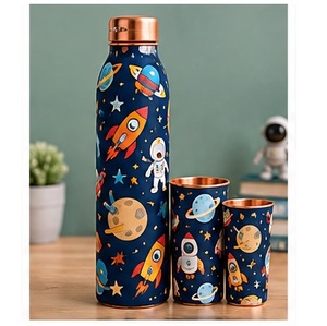 Ensemble de thermos élégant sur le thème de l'espace, en cuivre, avec fusées et astronautes de dessin animé, vaisselle portable pour les voyages - Product Image 1