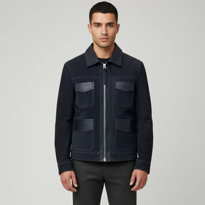 Camisa Chaqueta de Pana Azul Oscuro para Hombre, Estilo Workwear, Cierre de Cremallera, Cuello Camisero, Corte Regular, Ropa de Otoño - Product Image 1