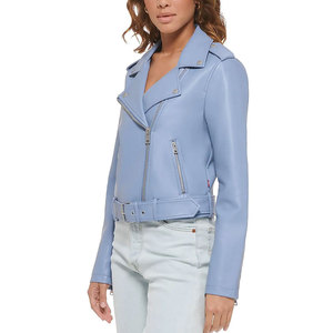 Blouson moto en cuir PU bleu clair pour femme avec fermeture éclair et ceinture à la taille, manches longues, col ouvert, style automne - Product Image 3