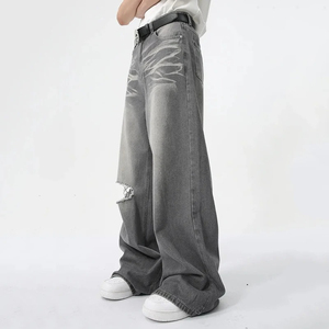 Custom Manufacturers Logo Men's Embroidered Baggy Jeans Loose Fit Straight Acid Wash Distressed Solid Casual Denim <b>Pants</b> - Product Image 4