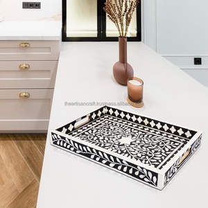 Plateau en bois d'incrustation d'os artisanal plateau de service polyvalent ou plateau décoratif en bois métal bambou marbre - Product Image 4