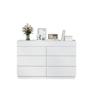 Commode à 6 tiroirs avec miroir, blanc, en panneaux de particules P2 gaufrés, 120x40x85,5 cm, finition placage mélaminé - Product Image 1