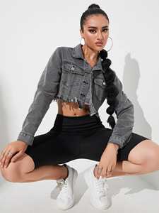 Chaqueta vaquera corta con dobladillo deshilachado y efecto desgastado, estilo urbano vintage, para mujer, servicio OEM con MOQ bajo - Product Image 4