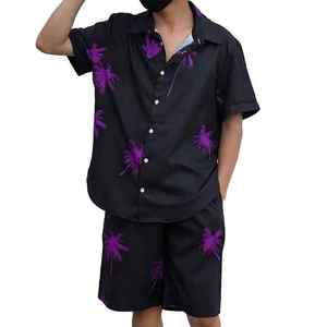 Costume pour hommes, noir, uni, sans stretch, chemise à manches courtes, ensemble short à taille élastique, léger, respirant, vêtements d'été décontractés - Product Image 6