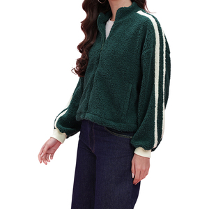 Women's Green Fleece Jacket With White Stripes Stand Collar Zipper Full Sleeve Winter Warm <b>Coat</b> - Product Image 1