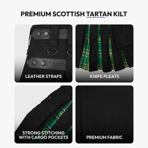 Kilt en coton noir pour homme avec doublure à carreaux verts, coupe classique, taille adulte, en stock - Product Image 3