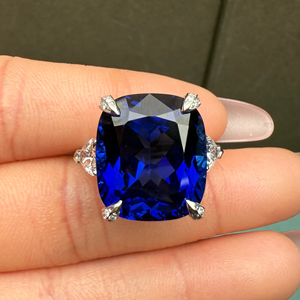 Anillo de oro blanco de diseño personalizado para mujer, zafiro cultivado en laboratorio de 19,95 quilates y joyería de diamantes, color azul regular - Product Image 5