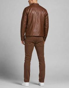 Unisex Genuine <b>Leather</b> Waterproof Moto <b>Jacket</b> Front Logo Stand Collar Zipper Closure Solid Color Autumn Style Slim Fit <b>Brown</b> - Product Image 3