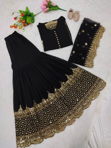 Women's Crunchy Silk Sharara Set Full Sleeves <b>Top</b> Embroidered Dupatta-Quick Dry <b>Indian</b> Traditional Modern Style All Seasons - Product Image 4